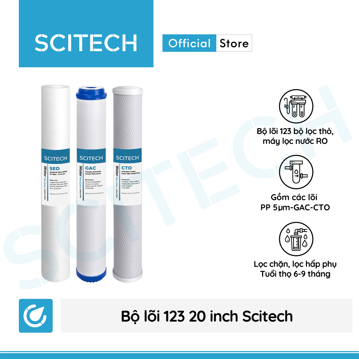 Bộ lõi số 1,2,3 20 inch by Scitech (Lõi PP-UDF-CTO) - Dùng cho máy lọc nước RO, bộ lọc thô - Hàng chính hãng