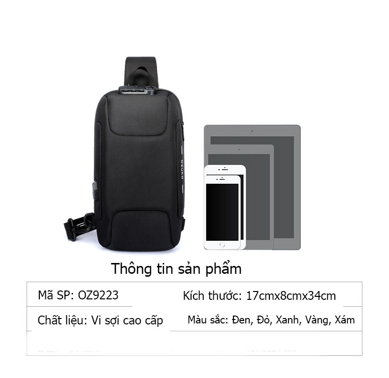 Túi đeo ngực,đeo chéo nam tích hợp sẵn công nghệ khóa chống trộm cao cấp phong cách châu âu - OZ9223