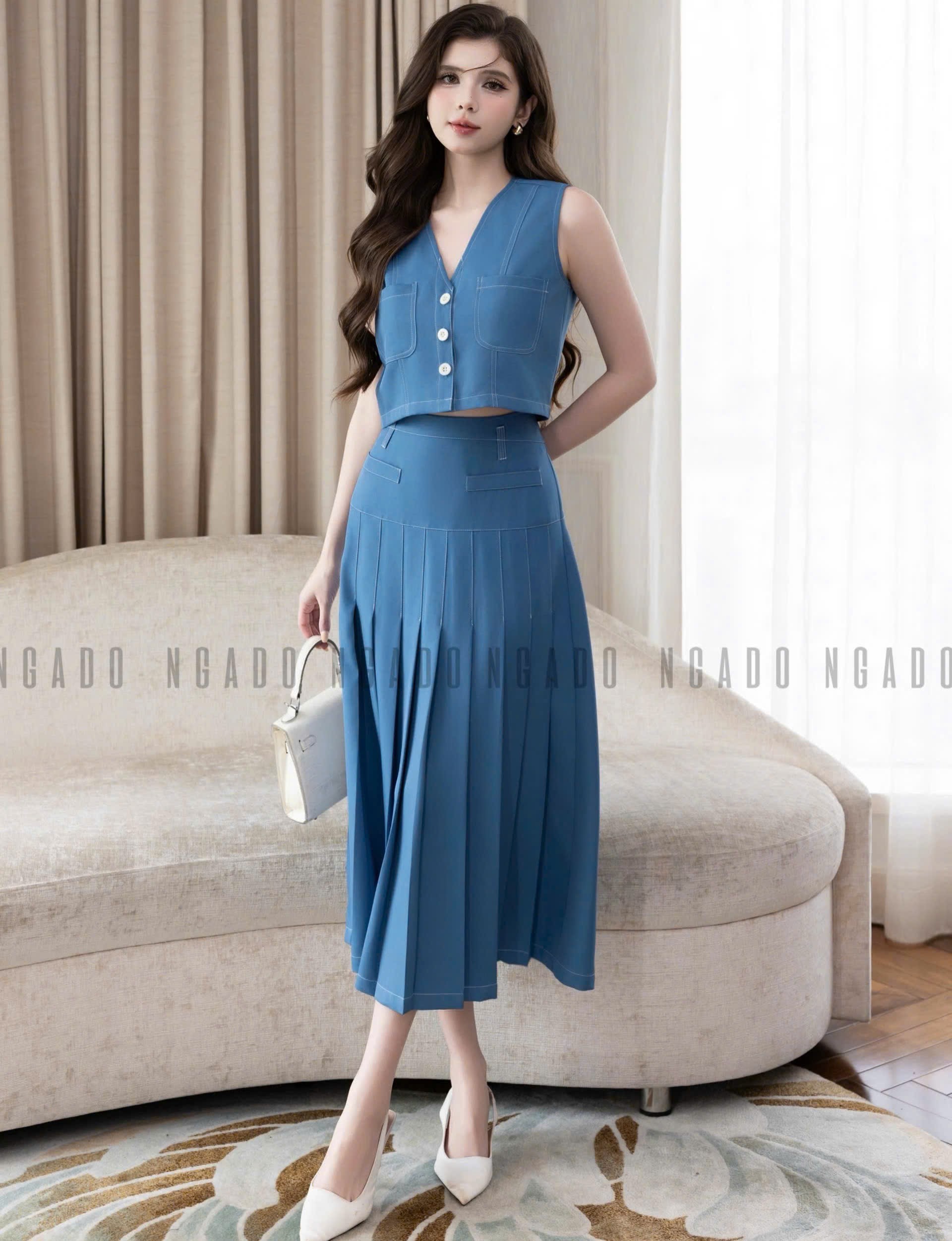 Set áo váy gile xanh xếp ly NGADO, set áo váy Nữ , set công sở , set áo váy midi