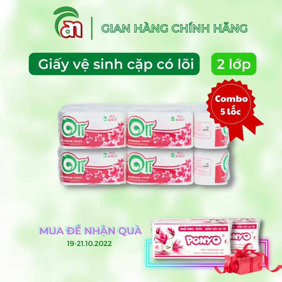 Combo 5 lốc Giấy vệ sinh cuộn nhỏ có lõi đóng cặp cao cấp, không bụi ORI 3 lớp 5 cặp/lốc - Thiên An Nam paper