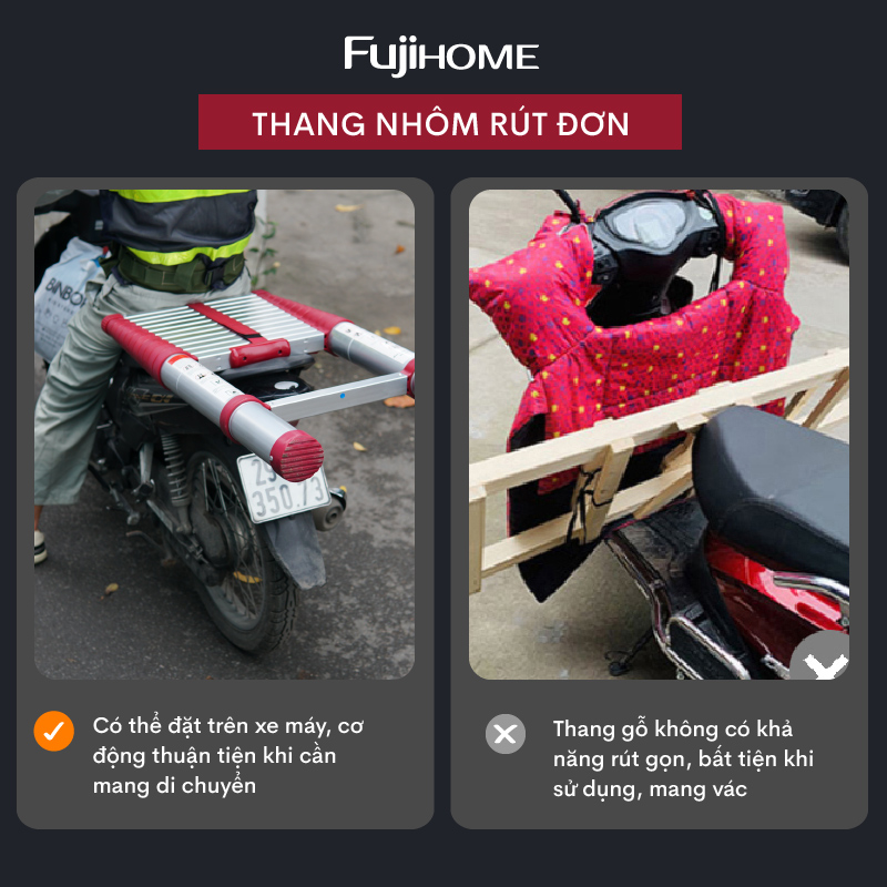 Thang nhôm FUJIHOME TLI500R rút gọn đơn cao 5m, Đế cao su chống trượt,  Nhập khẩu chính hãng