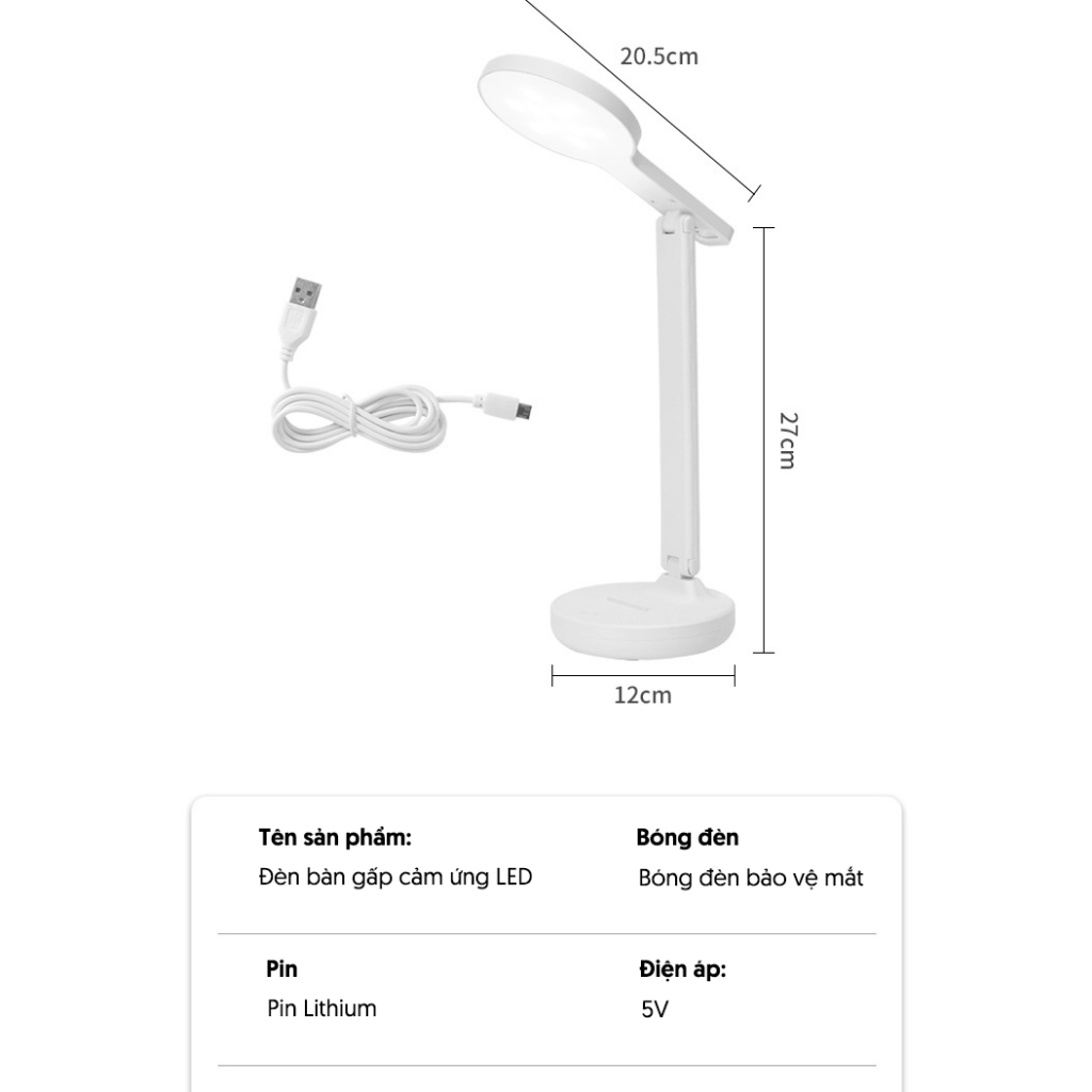 Đèn tròn để bàn học, bàn làm việc cảm ứng 3 màu bảo vệ mắt, Đèn bàn học Led kèm hộc đựng bút sạc tích điện