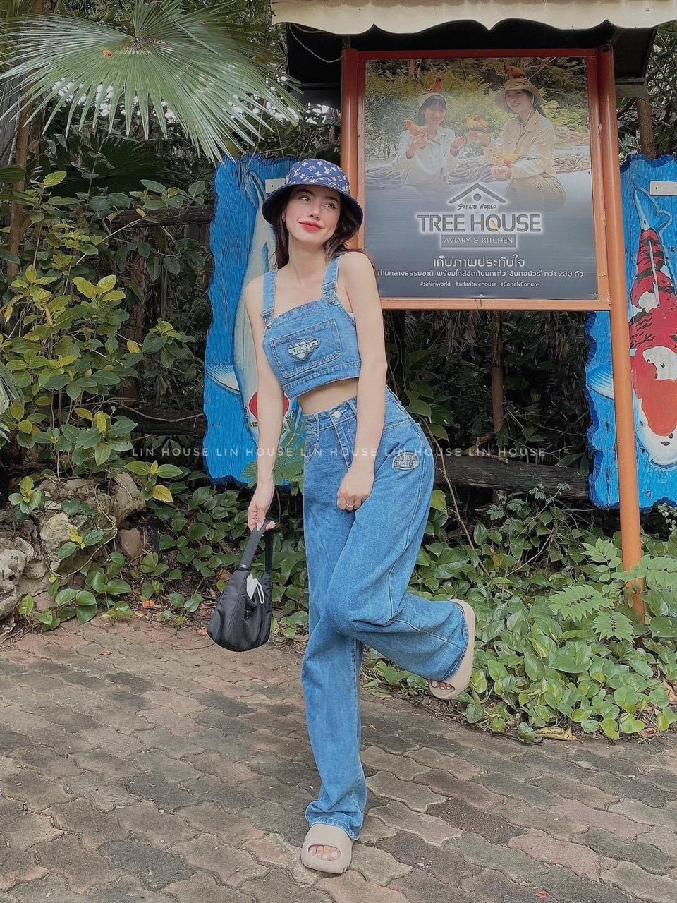 SET QUẦN SUÔNG DÀI ỐNG RỘNG LƯNG CAO JEANS DENIM + ÁO CROPTOP HAI DÂY SUÔNG TRƠN DẠO PHỐ ĐI CHƠI