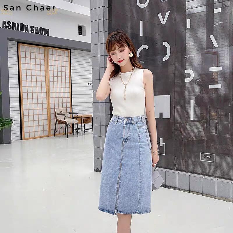 Chân váy jean dài xẻ trước cạp khóa giữa vải bò chân váy midi denim Ulzzang thời trang Banamo Fashion 562