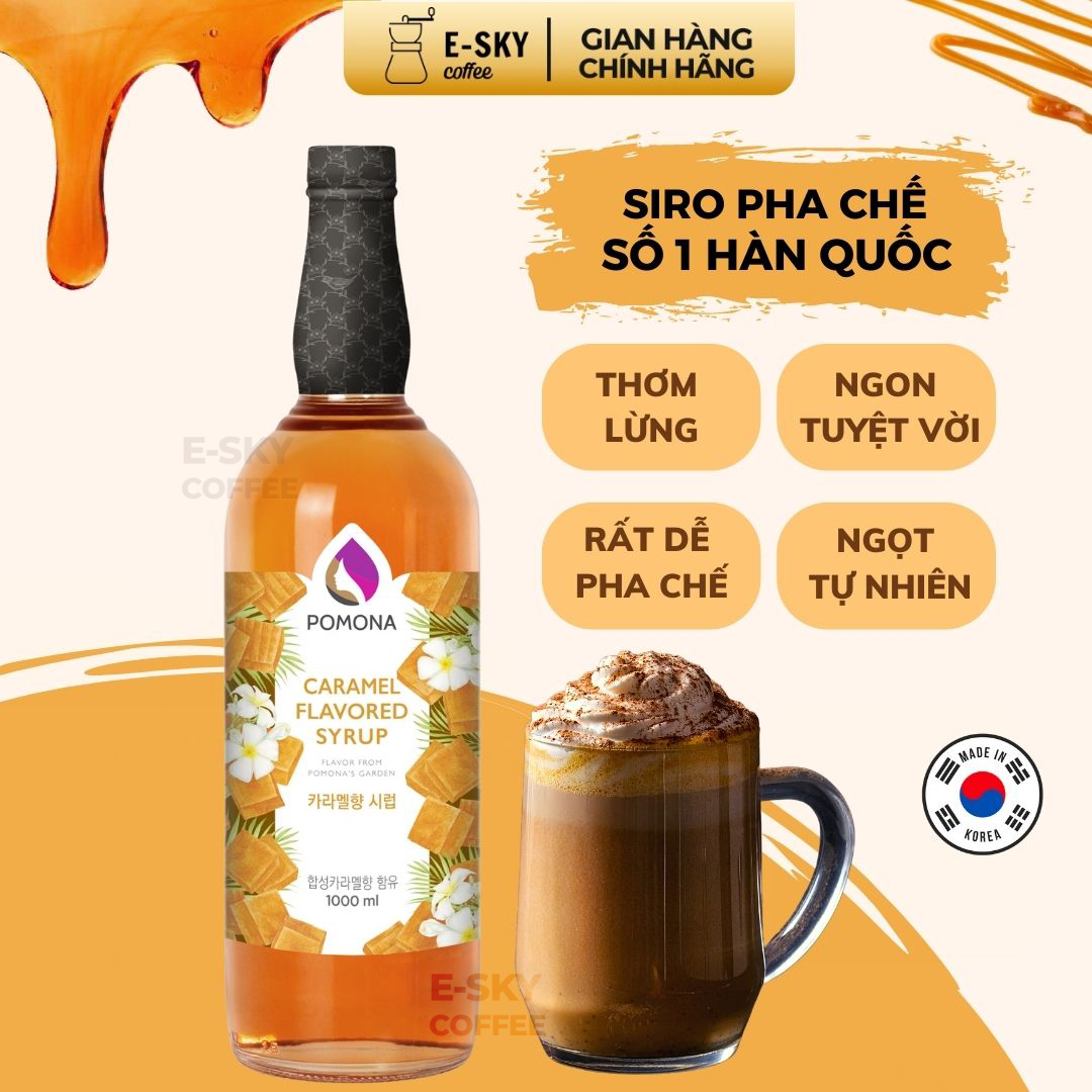 Siro Caramel Pomona Caramel Syrup Nguyên Liệu Pha Chế Hàn Quốc Chai Thủy Tinh 1 lít