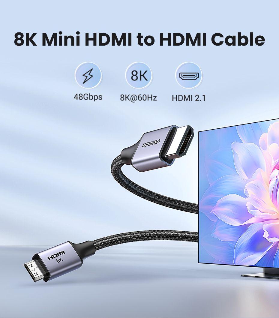 Ugreen UG15514HD163TK 1M 8K60Hz 2.1 Cáp chuyển Mini HDMI sang HDMI dây bọc dù - HÀNG CHÍNH HÃNG