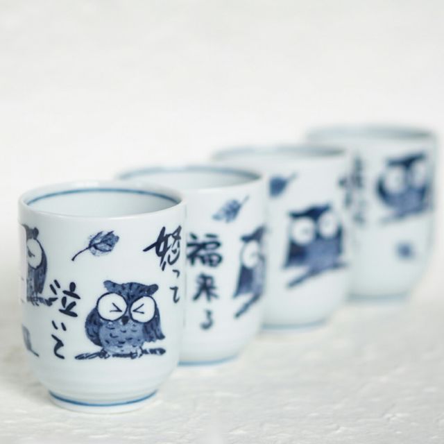 Combo 6 Cốc uống trà Nhật Bản hoạ tiết cổ điển hình Cú Mèo may mắn cao cấp EVAN- JB077