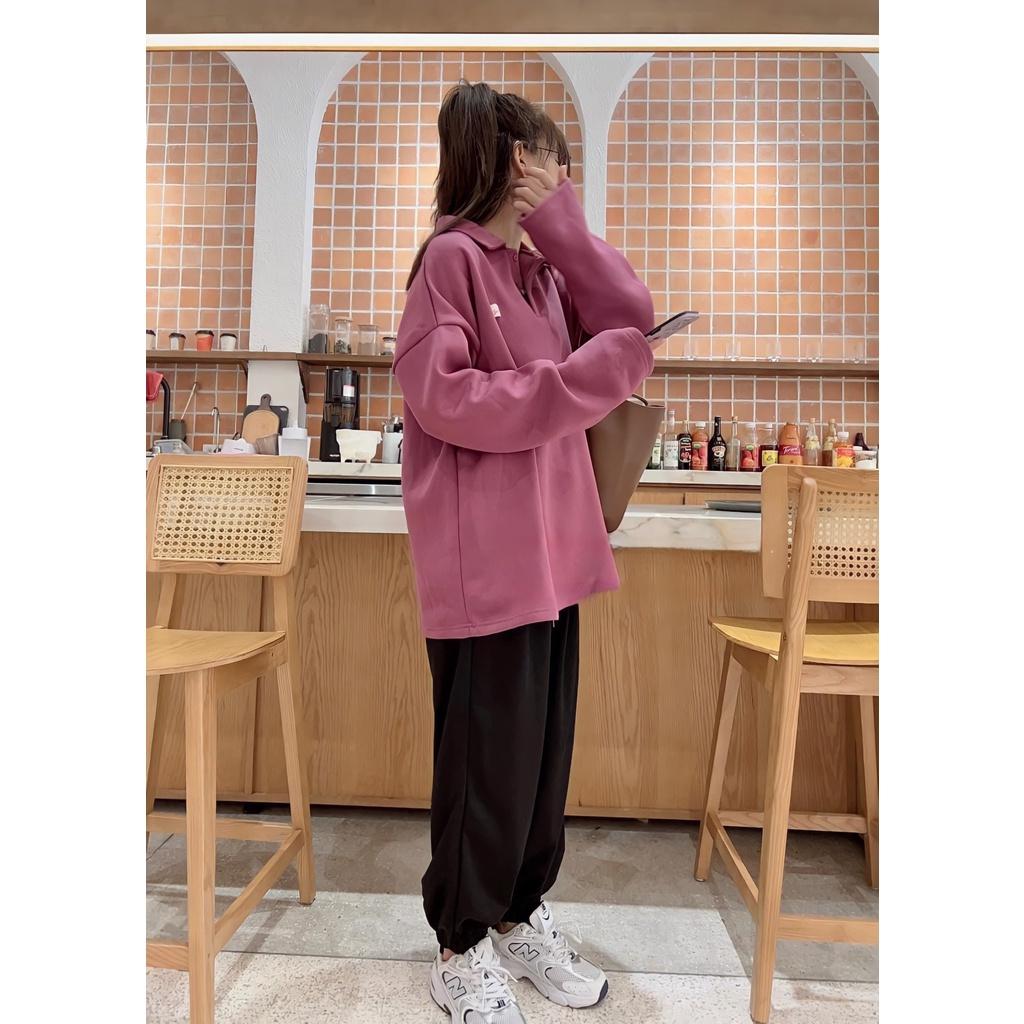Áo Sweater Polo Nỉ Nam Nữ Màu Tím Logo Ngực