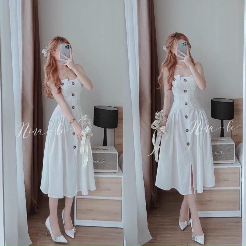 Đầm xoè 2 dây cài nút thật xinh lung linh