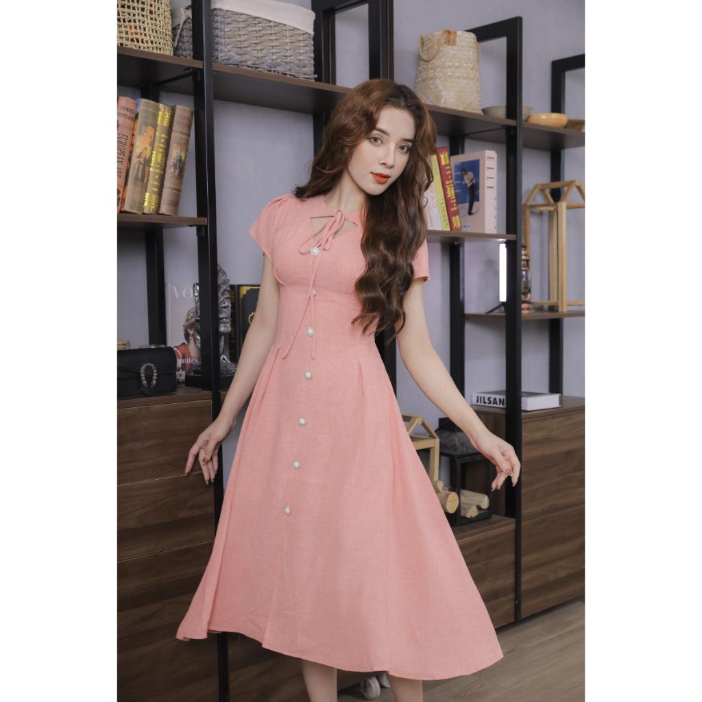 Váy Nữ Vải Xước Màu Hồng Cam Cao Cấp 23V044 Pi Style