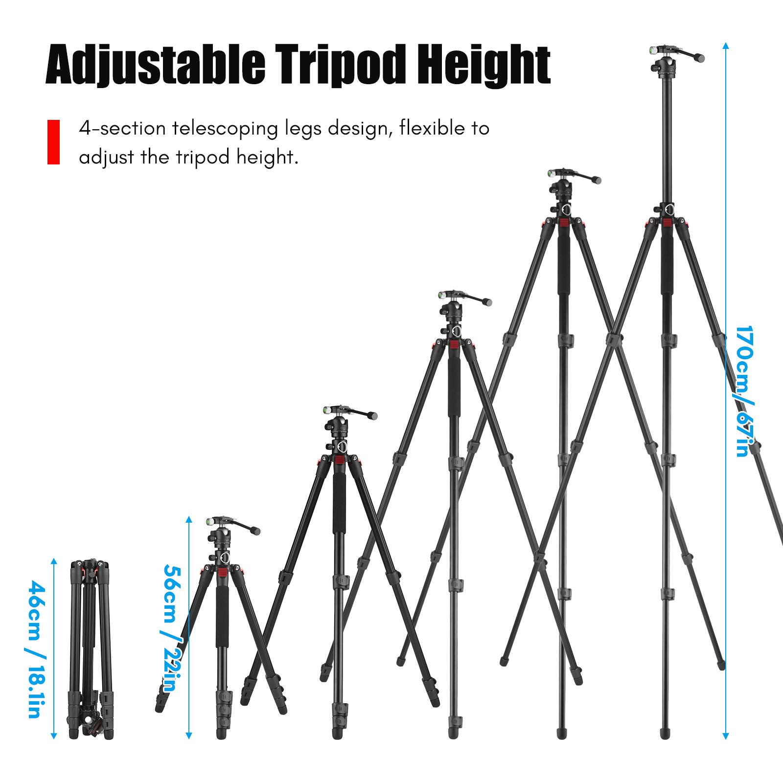 Photography Tripod for Camera 170cm Horizontal Tripod Stand Aluminum Alloy 360° Rotatable Ball Head 10kg Load Capacity