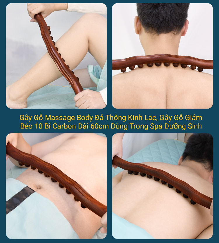 Gậy Gỗ Massage đa năng Body Đả Thông Kinh Lạc, Thanh Gỗ massage Vạn Năng10 Bi Carbon Dài 60cm Dùng Trong Spa Dưỡng Sinh