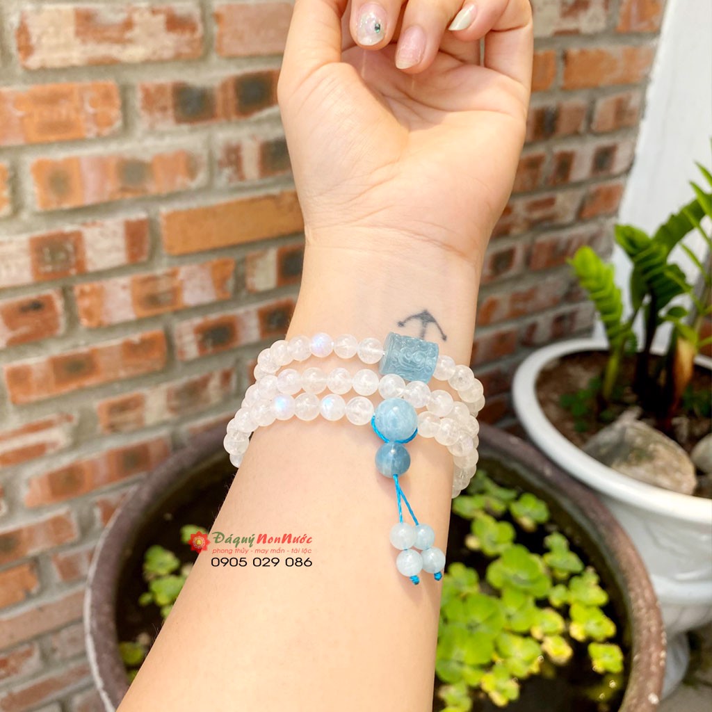 Chuỗi vòng đá thạch anh mặt trăng Moonstone 6ly mix lu thạch anh Aquamarine - đá Non Nước