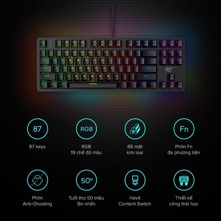 Bàn Phím Cơ Gaming HAVIT KB869L, 87 Keys, 19 Chế Độ RGB, Tuổi Thọ Phím 50.000.000 Lần - Hàng Chính Hãng