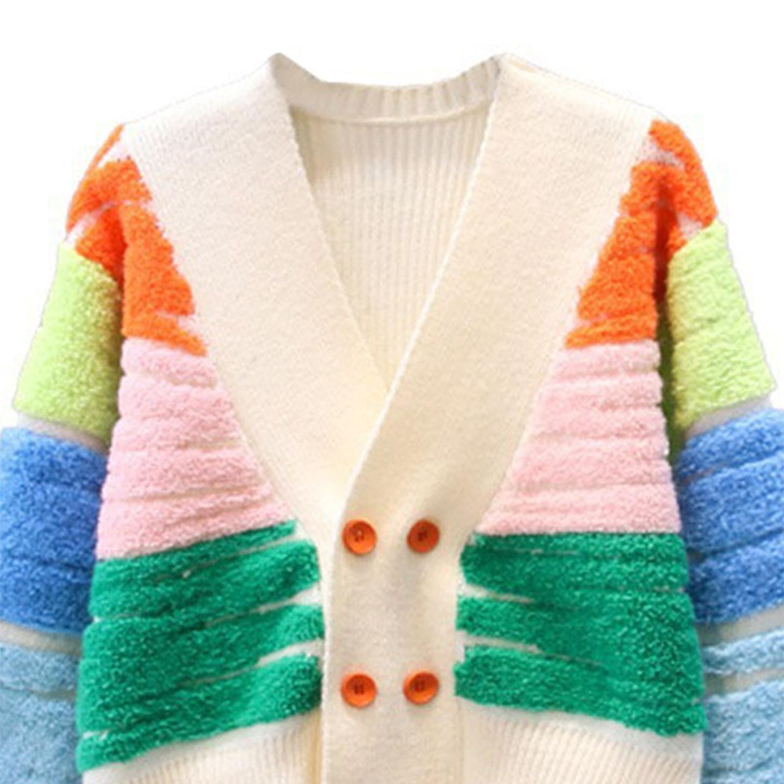 Rainbow Striped Cardigan Sweater Double Breasted Sweater Jacket Coat Button Autumn Clothing Daily Wear Long Sleeve Knit Sweater