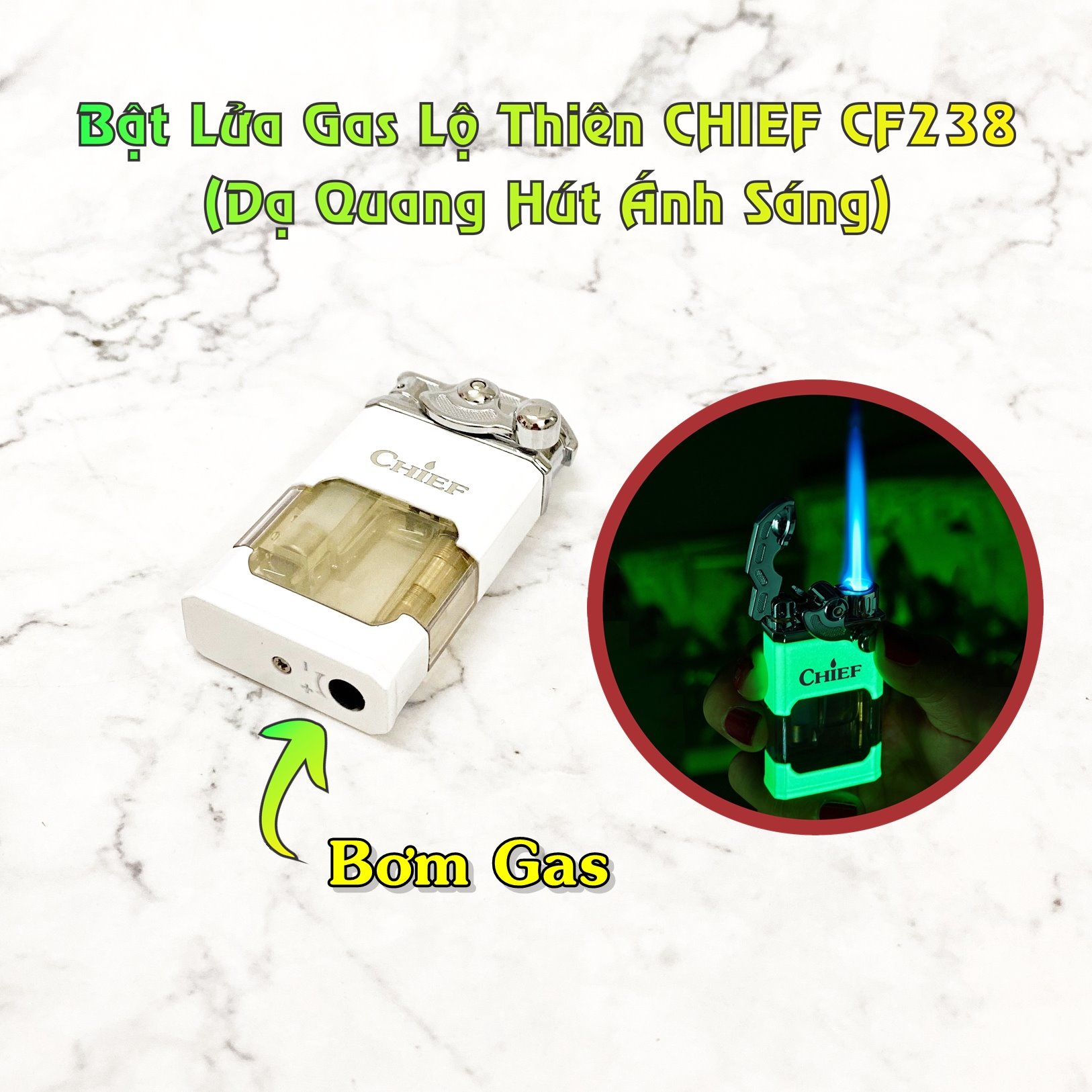 Hộp quẹt bật lửa khè gas lộ thiên Chief búng tay đánh lửa CF238 (dạ quang hút ánh sáng) - (xài gas)