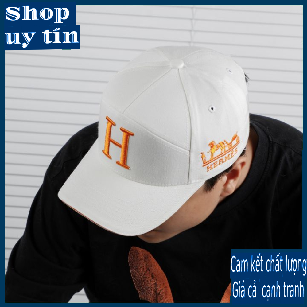 [ Miễn ship / giảm giá ] MŨ NÓN LƯỠI TRAI NAM NỮ LOGO H HER.MES CAO CẤP - màu trắng logo cam