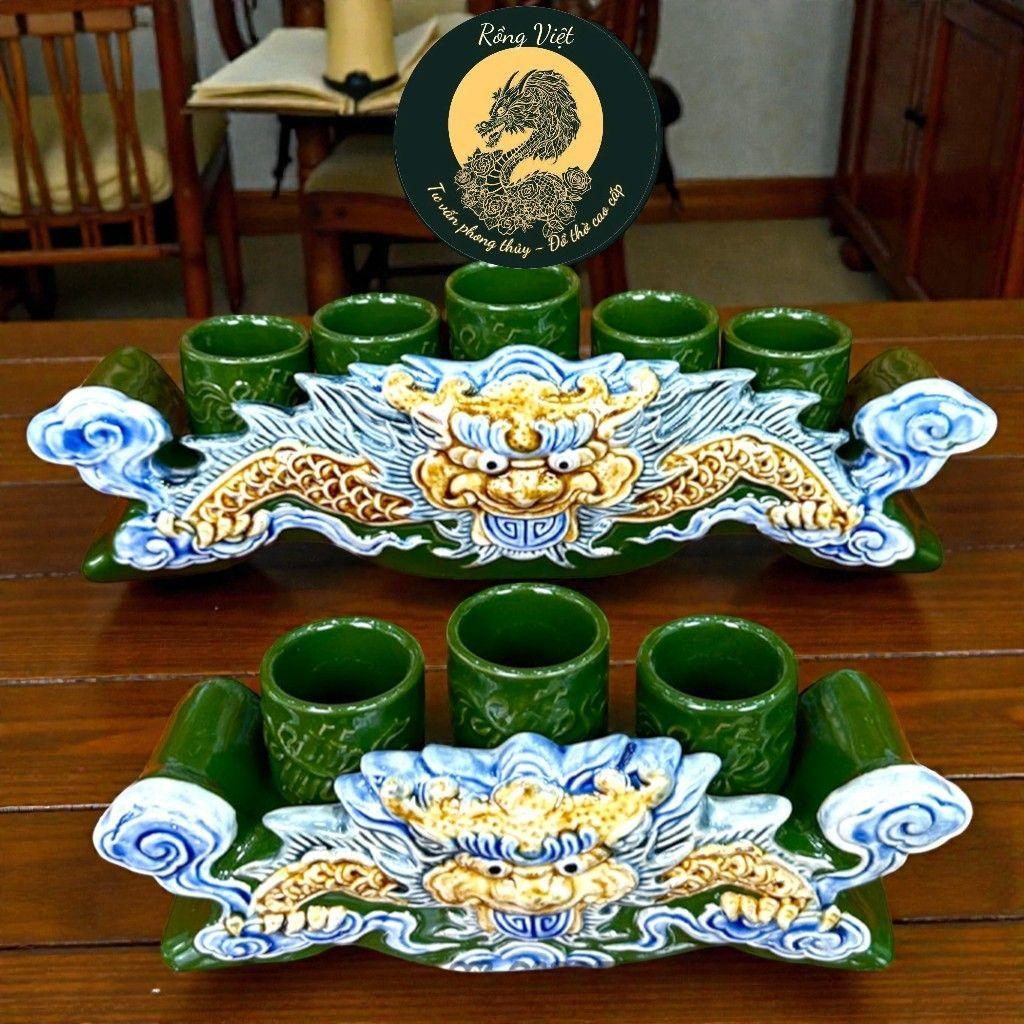 Bộ Kỷ Ngai Thờ Đắp Nổi RỒNG VIỆT Men Xanh Lá Cao Cấp - 3, 5 Chén gốm sứ Bát Tràng