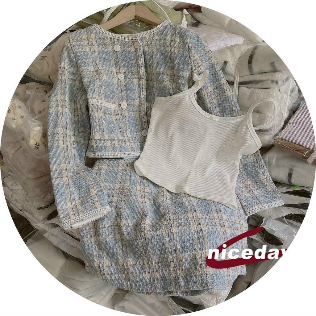 Set dạ 3 món xanh da khoác tweed áo  dây trắng kèm chân váy ngắn cá tính dịu dàng năng động