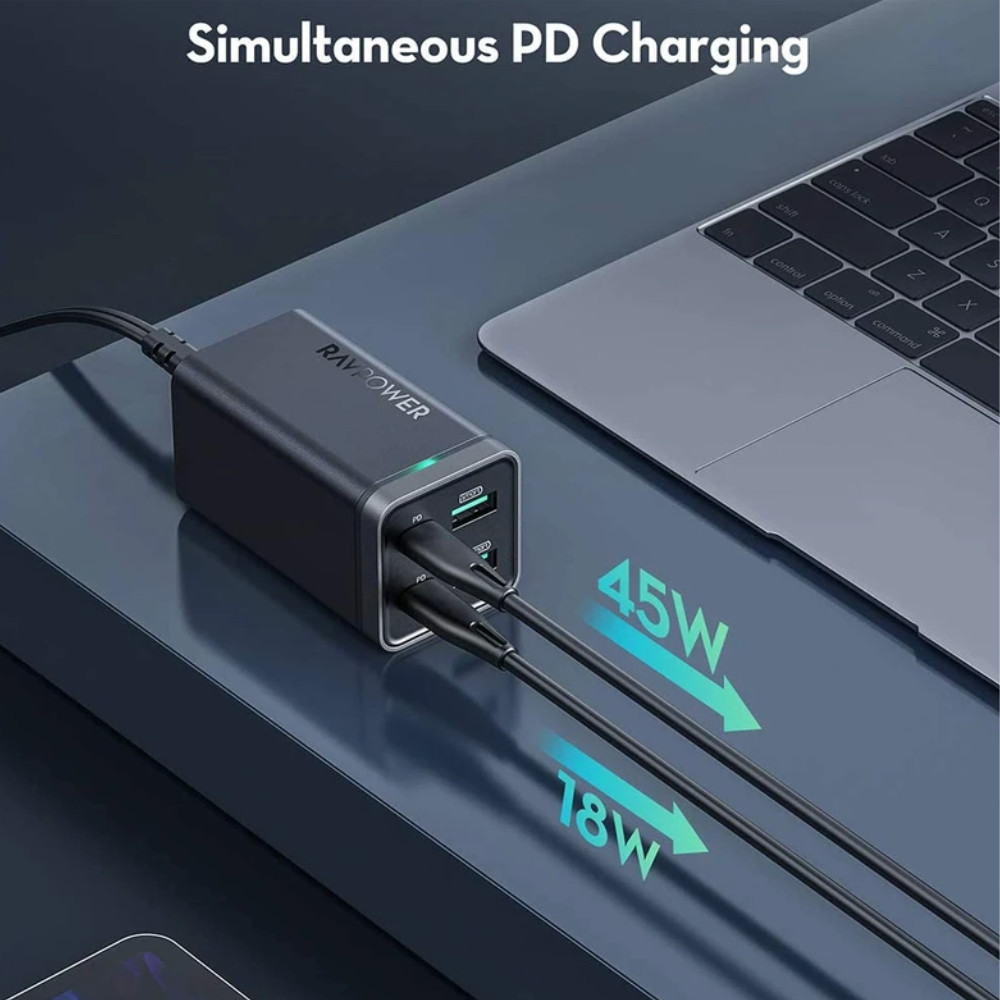 Củ Sạc Điện Thoại 2 Cổng USB-A và 2 Cổng Type-C PD 65W QC 3.0 RAVPower RP-PC136 - Hàng Chính Hãng