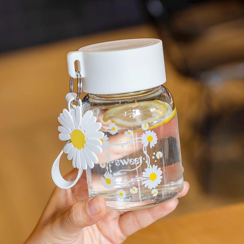 Bình thủy tinh mini hoa cúc phong cách Hàn Quốc có vạch chia 350ml