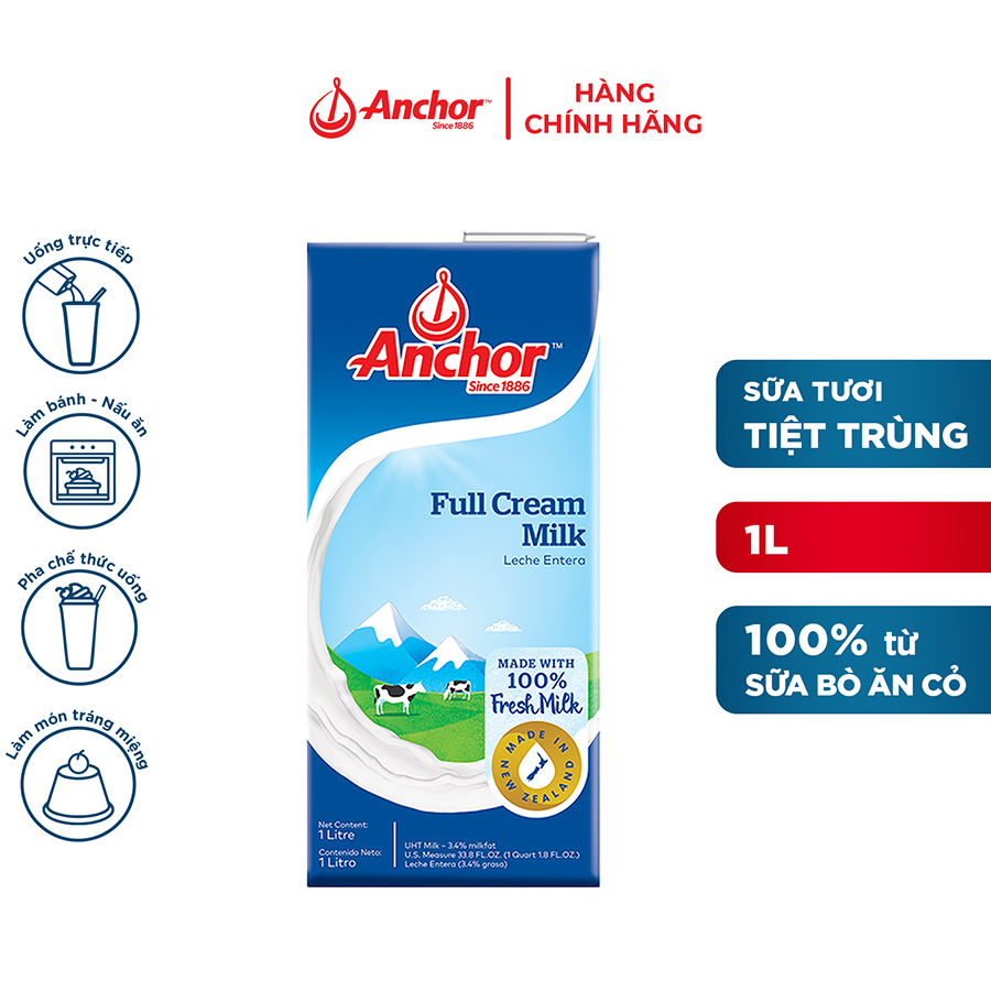 [Made in New Zealand] Sữa tươi tiệt trùng Anchor hộp 1 lít