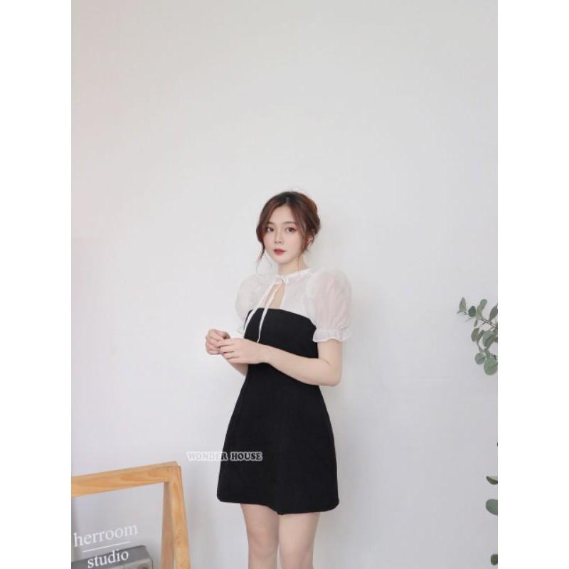 Đầm WONDER HOUSE phối trắng cổ tròn thắt nơ