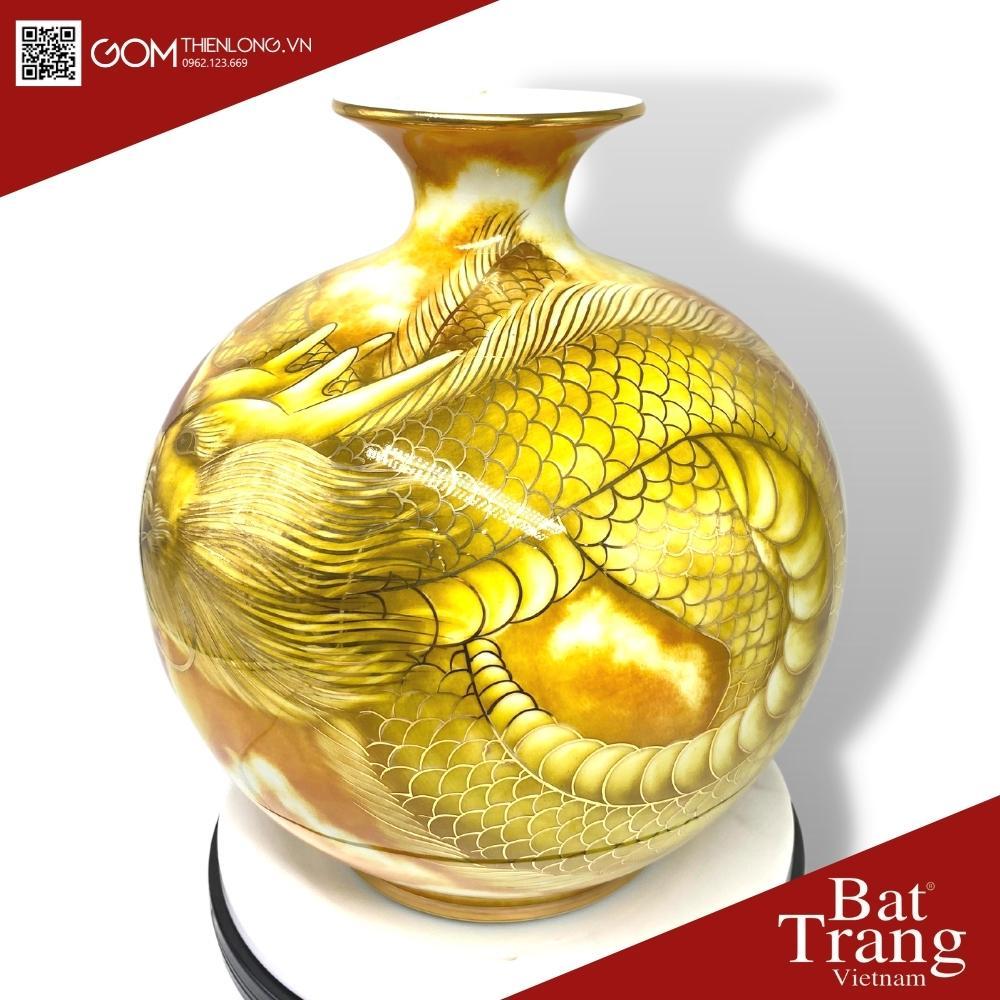 Bình Hút Tài Lộc Vẽ Vàng 3D Long Phụng Vờn Mây - Hàng Kỹ Độc Bản - Bình Hút Lộc Bát Tràng - Gốm Thiên Long