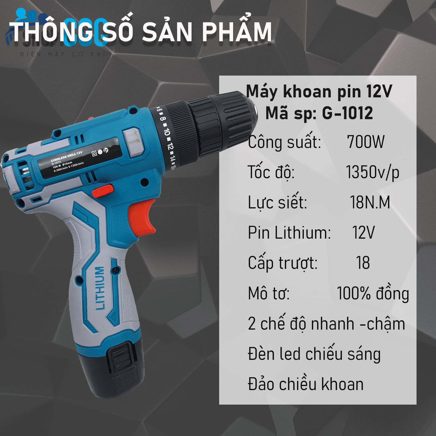 Máy khoan pin 12V, công suất 700W chính hãng GGG - khoan bắt vít không dây có đảo chiều, đèn led - khoan sắt, khoan gỗ - TẶNG BỘ 24 CHI TIẾT