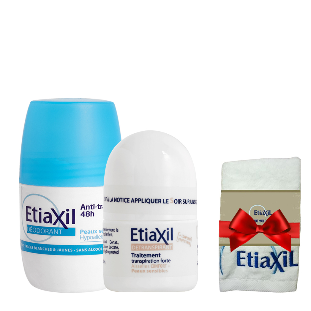 Combo Lăn khử mùi hàng ngày 50ml và Lăn khử mùi ngăn mồ hôi cho da siêu nhạy cảm (Màu nâu) Etiaxil 15ml + Tặng 1 Khăn lau mặt cao cấp Etiaxil