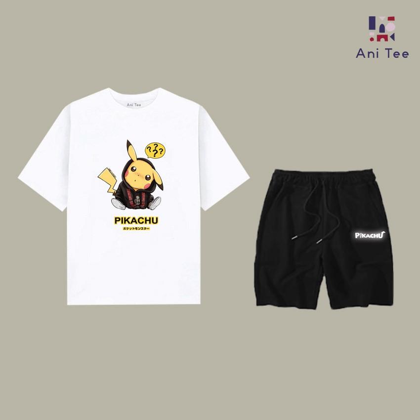 COMBO ÁO THUN COTTON + SHORT KAKI PIKACHU HOẠT HỌA