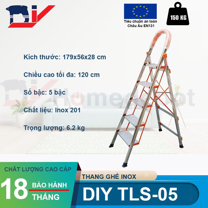 Thang ghế Inox 5 bậc 120cm DIY TLS-05 Hàng chính hãng - Tiêu chuẩn EN131