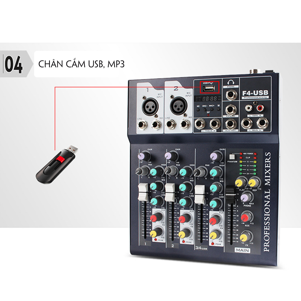 Bộ Mixer Âm Thanh F4 - USB Bluetooth Cao Cấp - Mixer Hát Live - Thu Âm - Karaoke 4178