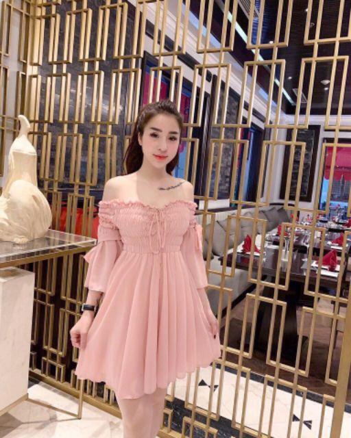 Đầm bẹt vai nhún tiểu thư kèm ảnh thật