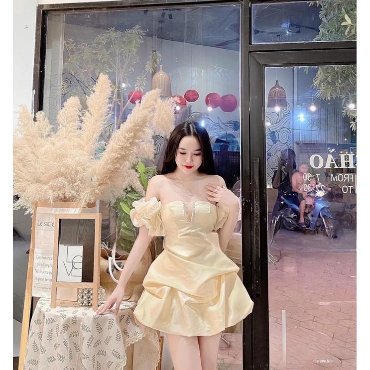 Váy nữ trễ vai xẻ lưới ngực viền đá xoè phồng dự tiệc chất tafta full màu V329 fullsize AĐ BOUTIQUE