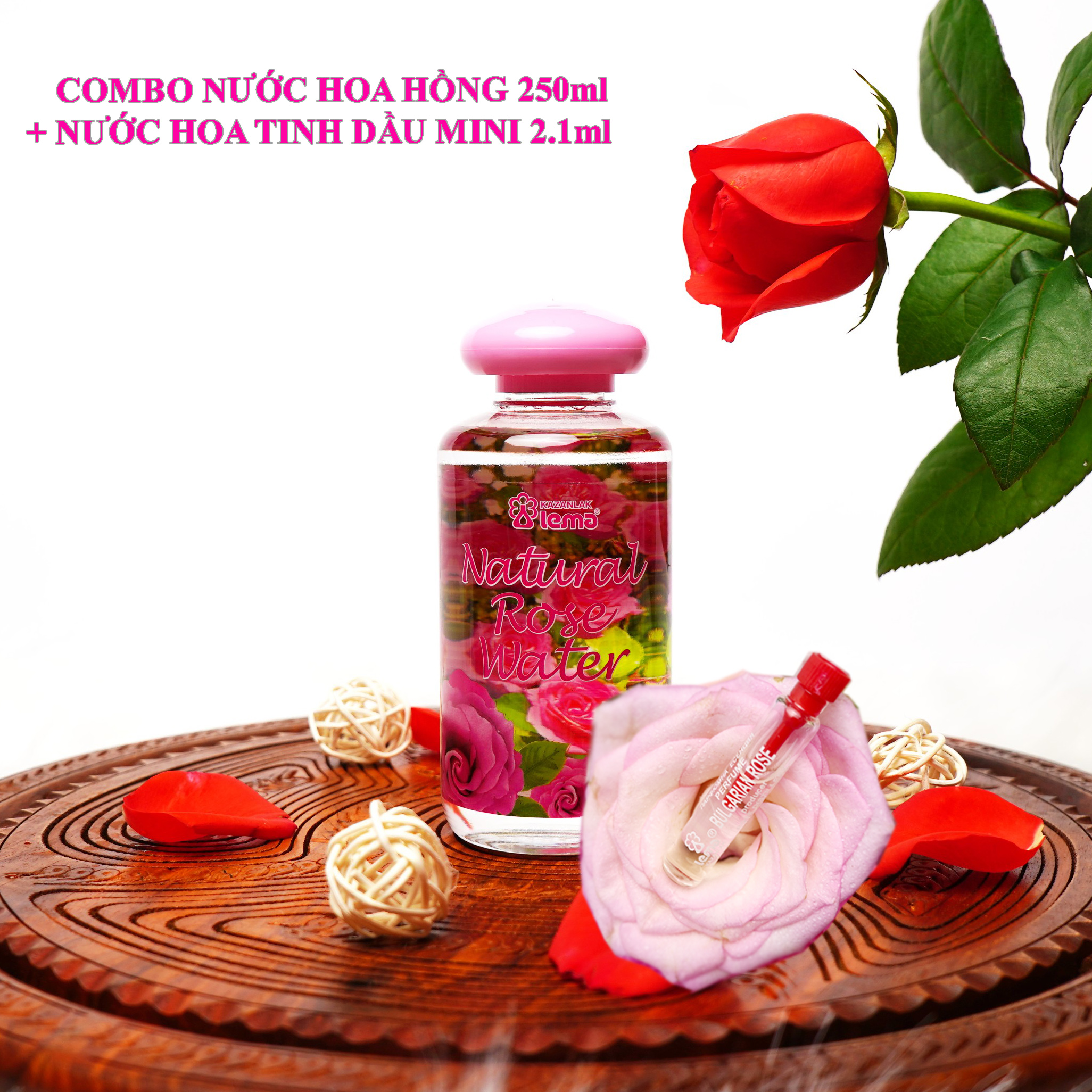 COMBO CẶP ĐÔI Nước hoa hồng Bulgaria thương hiệu Lema 250ml nắp đổ và nước hoa tinh dầu hoa hồng 2.1ml