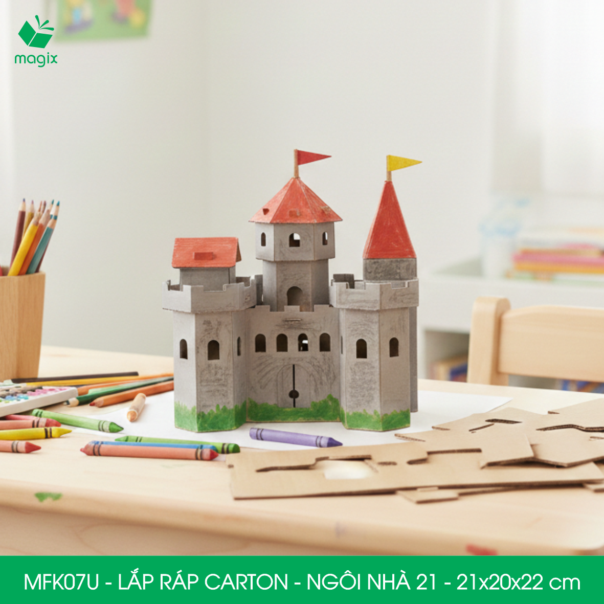 MFK07U - 21x20x22 cm - Mô hình ngôi nhà lắp ráp từ bìa carton cao cấp, nhà giấy carton mini sáng tạo