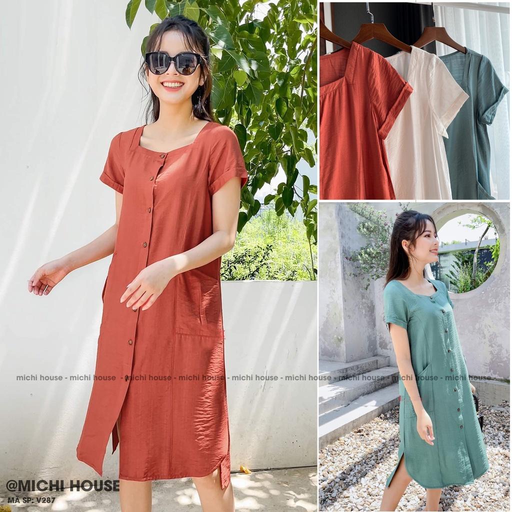 Váy suông đũi bamboo cổ vuông, đầm dáng suông đủ size, váy xuất Nhật, mã VS287 - Michi House