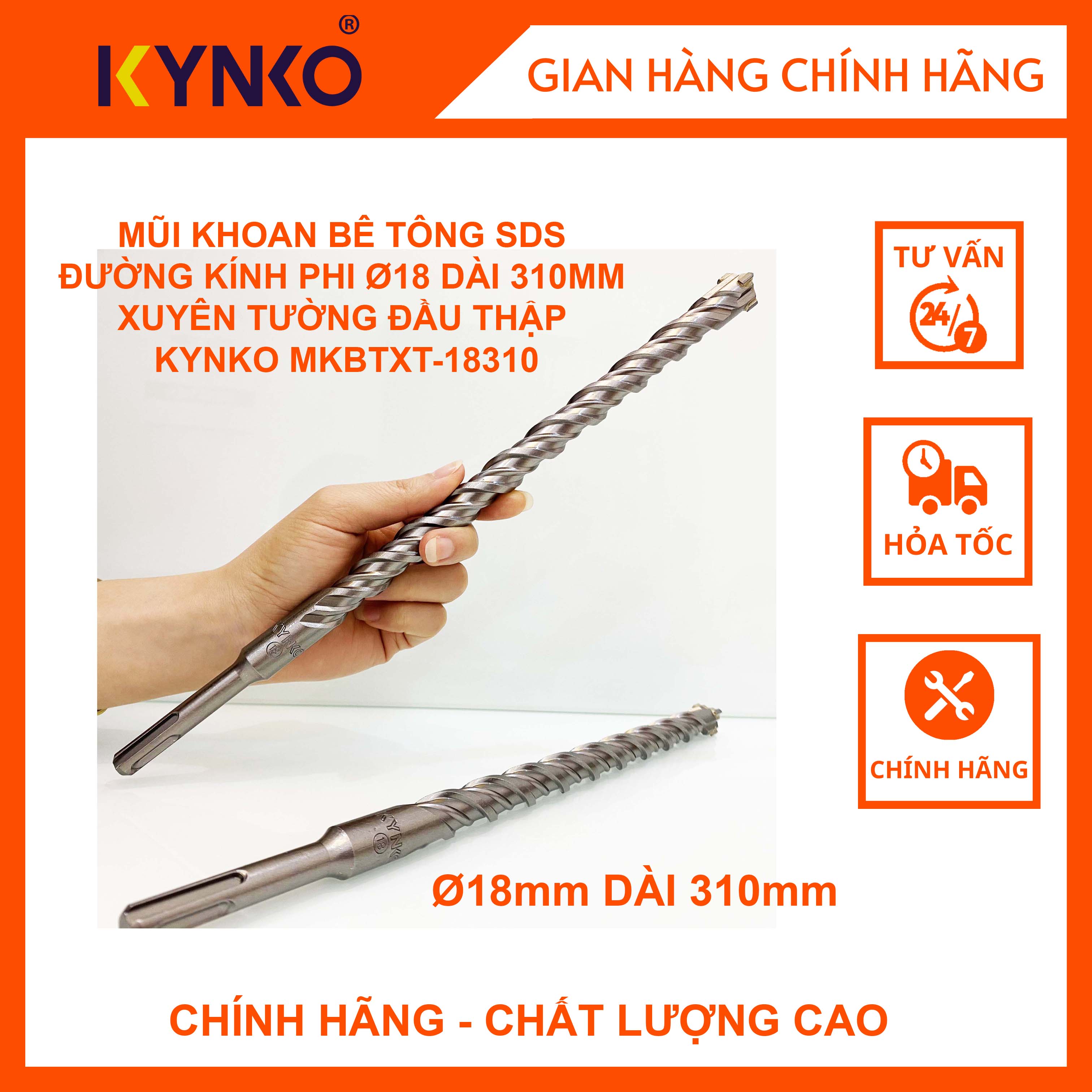 MŨI KHOAN BÊ TÔNG SDS ĐƯỜNG KÍNH PHI Ø18 DÀI 310MM XUYÊN TƯỜNG ĐẦU THẬP KYNKO MKBTXT-18310