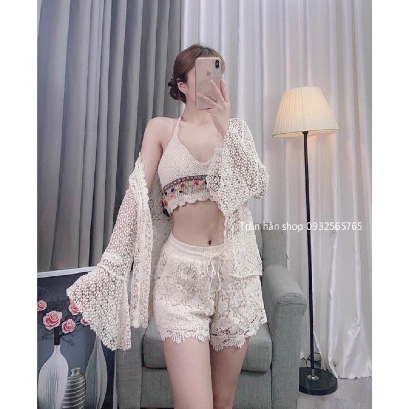 Bộ bơi bikini ren đi biển 3 món (áo bra-choàng tay loe-quần sóc) -Có bán lẻ