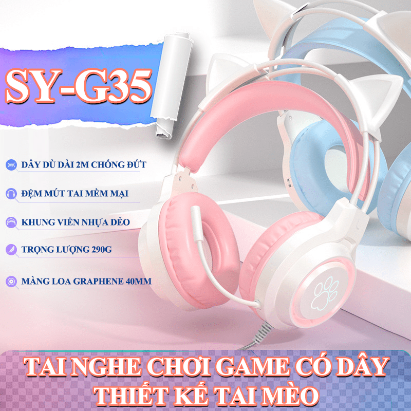 Tai nghe chơi game SY-G35 có dây đa màu sắc thiết kế tai mèo dễ thương bao gồm đèn led RGB siêu dễ thương -HT