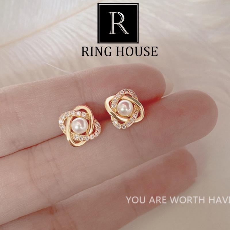 (Bạc 925) Bông Tai Khuyên Tai Nữ Bạc 925 Hoa Đính Ngọc Đẹp Sang Ring House