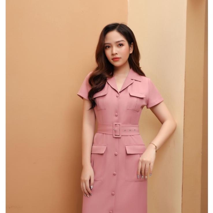 Đầm liền túi hộp có đai DRE30411 - Váy nữ thiết kế chất liệu tuypsi Hàn ít nhăn nhàu, có co giãn nhẹ