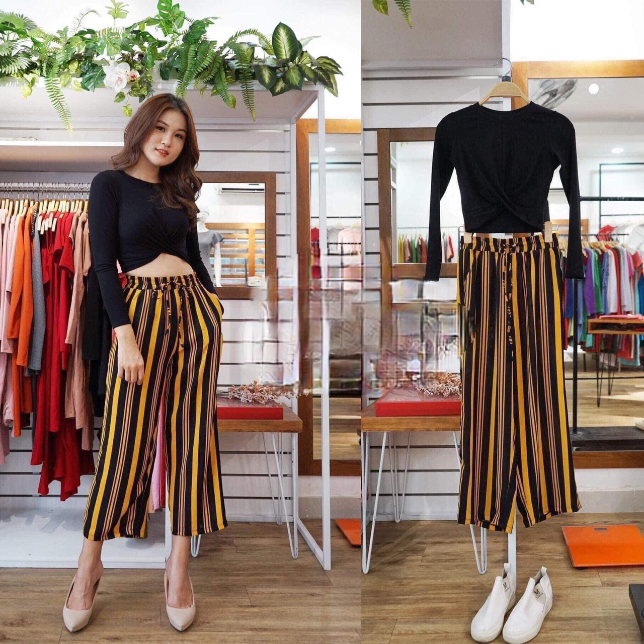 F675T Áo Croprop Ôm Body Cổ Tròn Tay Dài Xoắn Eo