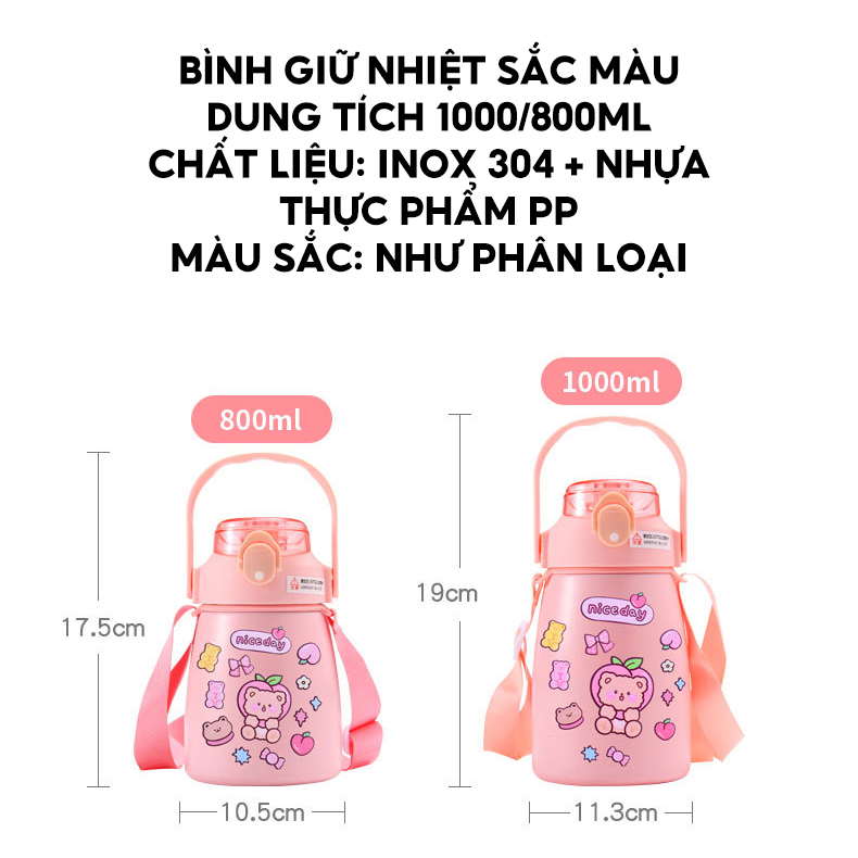 Bình Giữ Nhiệt Uống Nước Nóng Lạnh Lõi Inox304 Dung Tích 1000ml Màu Pastel Có Tặng Kèm Set Hình Dán 3D Đáng Yêu