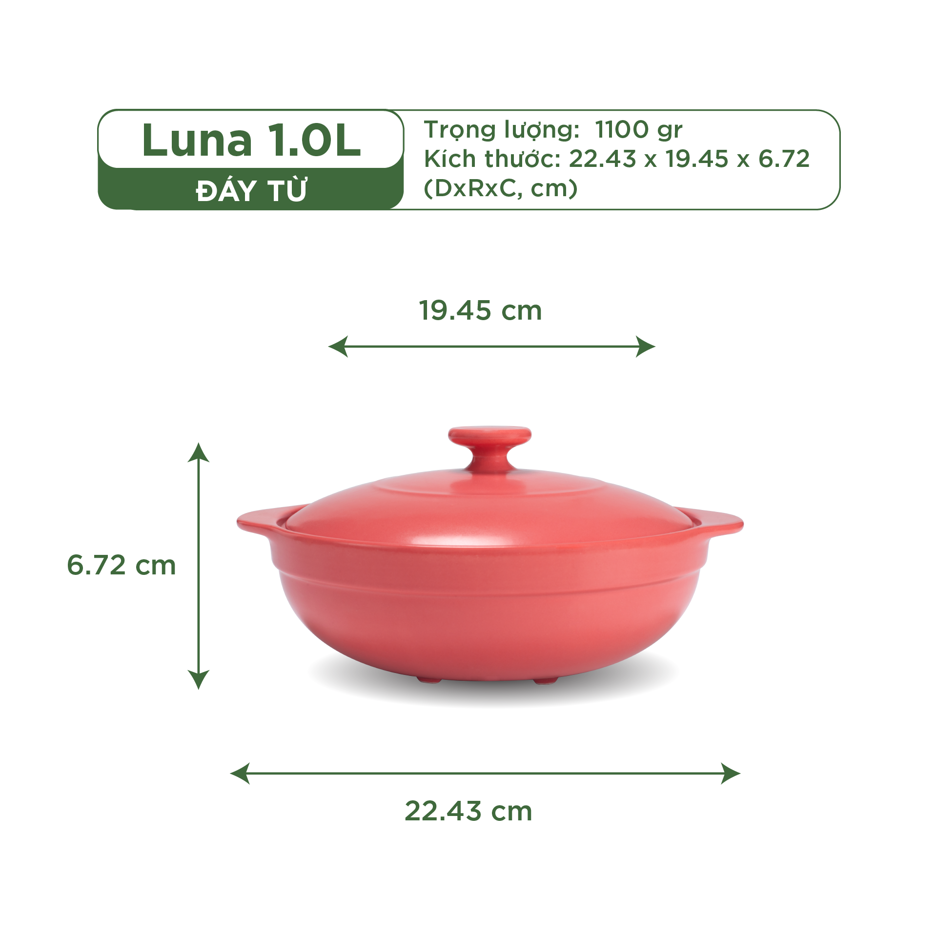 Nồi Sứ Dưỡng Sinh Minh Long Healthy Cook Luna 1.0 L - Dùng Cho Bếp Từ
