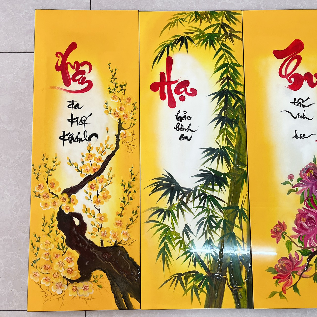 Tranh sơn mài Xuân Hạ Thu Đông bộ 4 tấm 70x100 cm