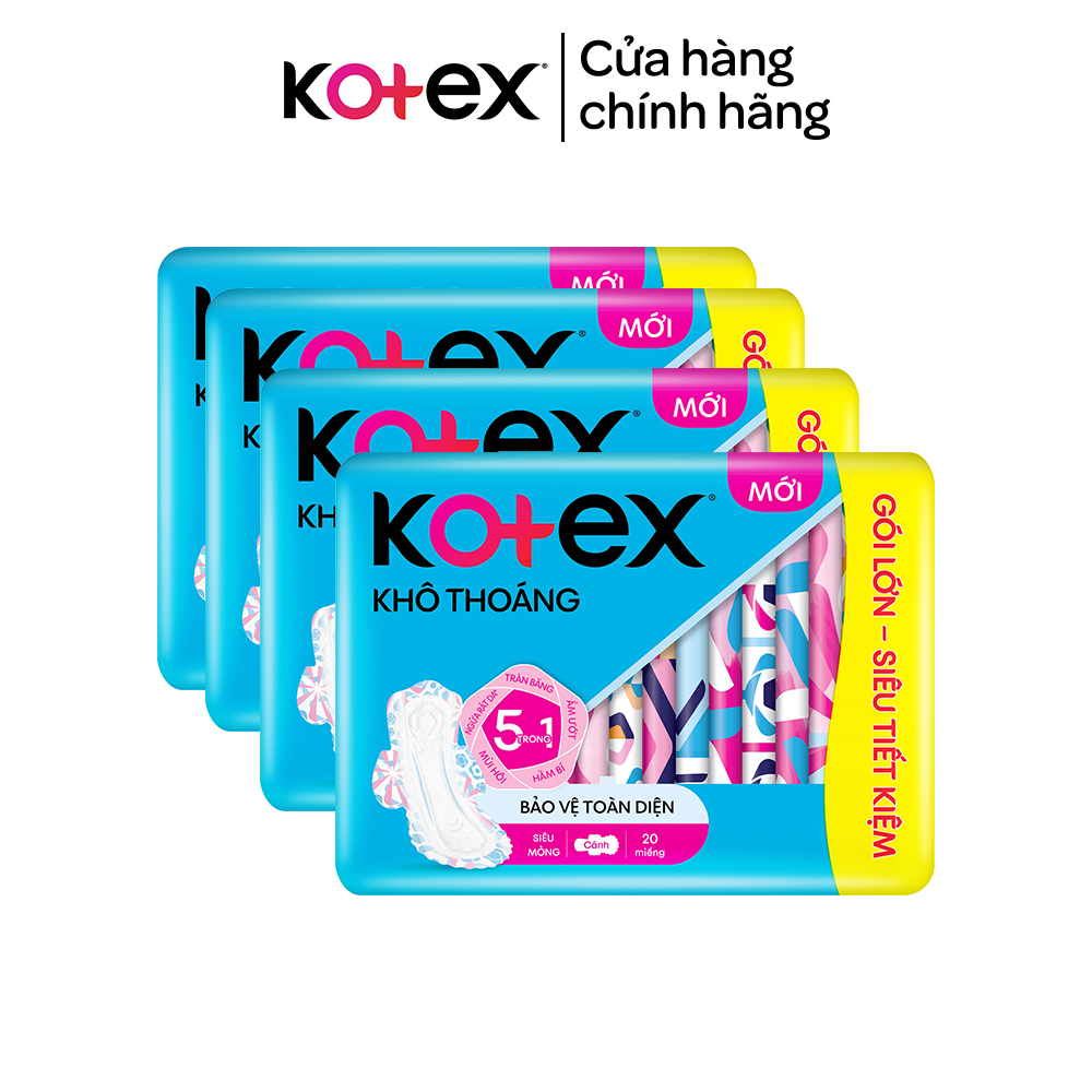 Combo 4 gói băng vệ sinh Kotex khô thoáng có cánh 23cm (20M/gói)