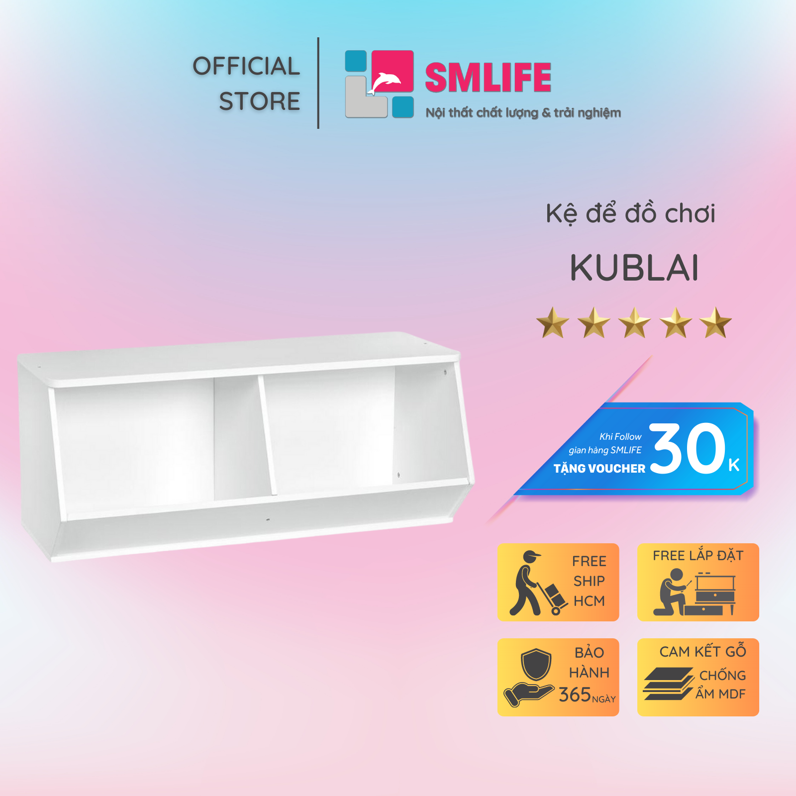 Kệ để đồ chơi cho bé SMLIFE Kublai | Gỗ MDF dày 17mm chống ẩm | D90xR38xC38cm