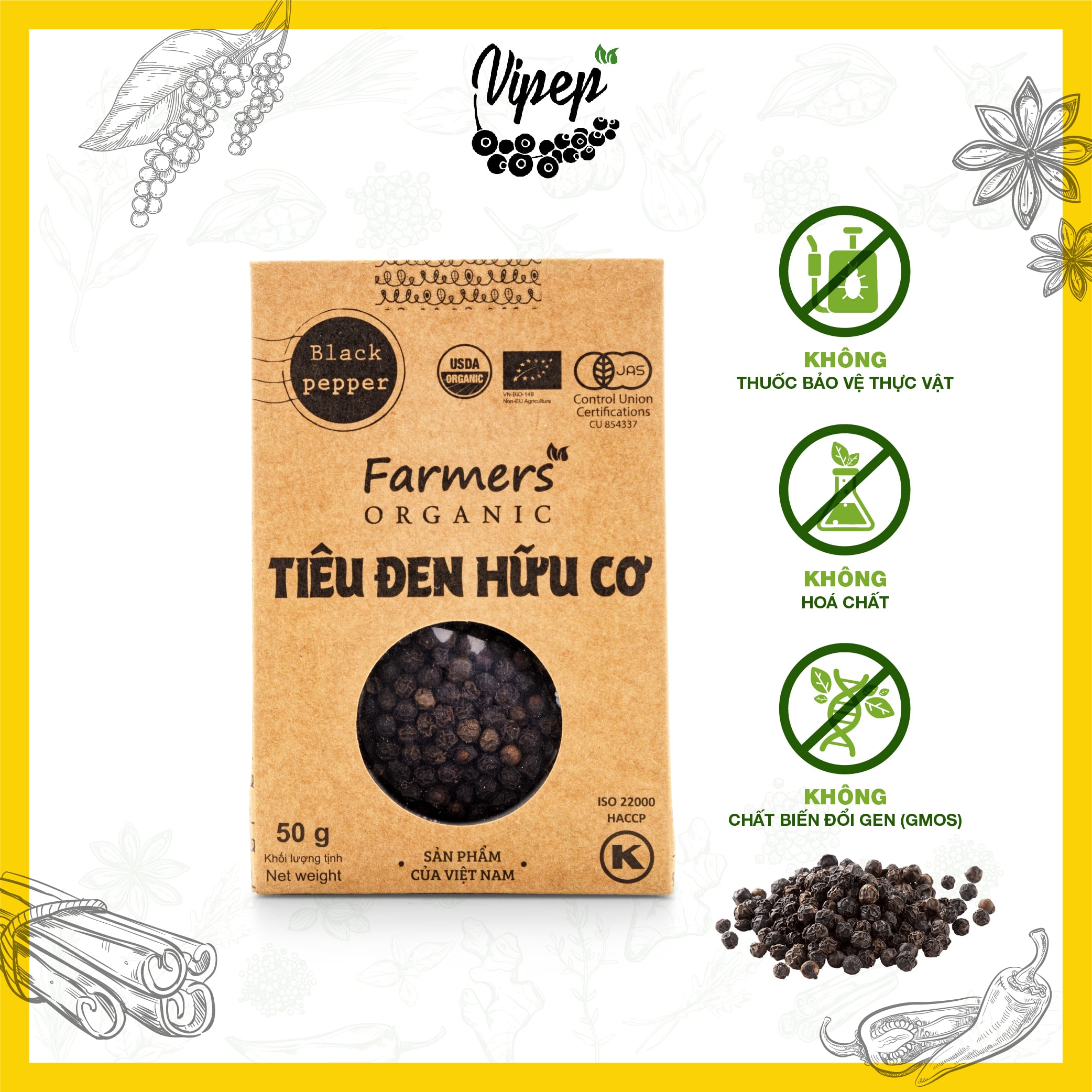 Tiêu đen hữu cơ Farmers túi giấy 50g